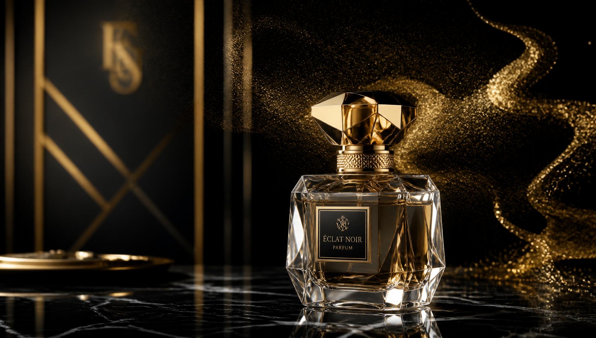 Luxury perfume bottles on black marble with gold light